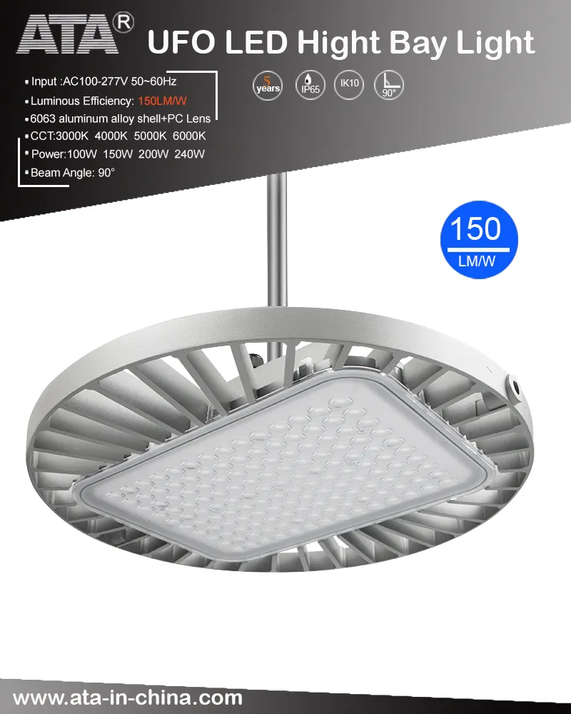 Entrepôt à micro-ondes IP65 allumant la lumière élevée de baie d'UFO LED de 100W 150W 200W 240W 190lm/W 5 ans de garantie